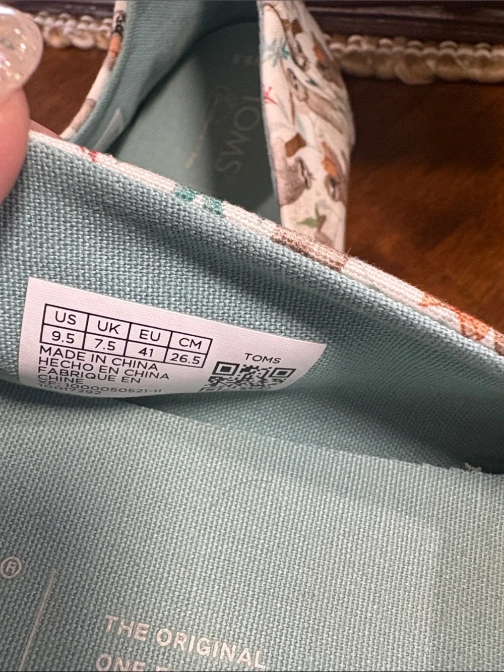 Toms Slip-On Flats in Cream with Teal Insole and Sloth Print